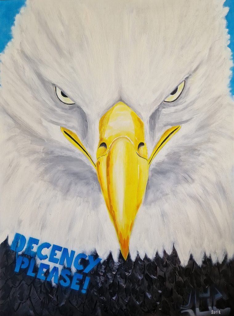 Serious bird - looking straight at you - text "Decency please" by Jesper Hansen
