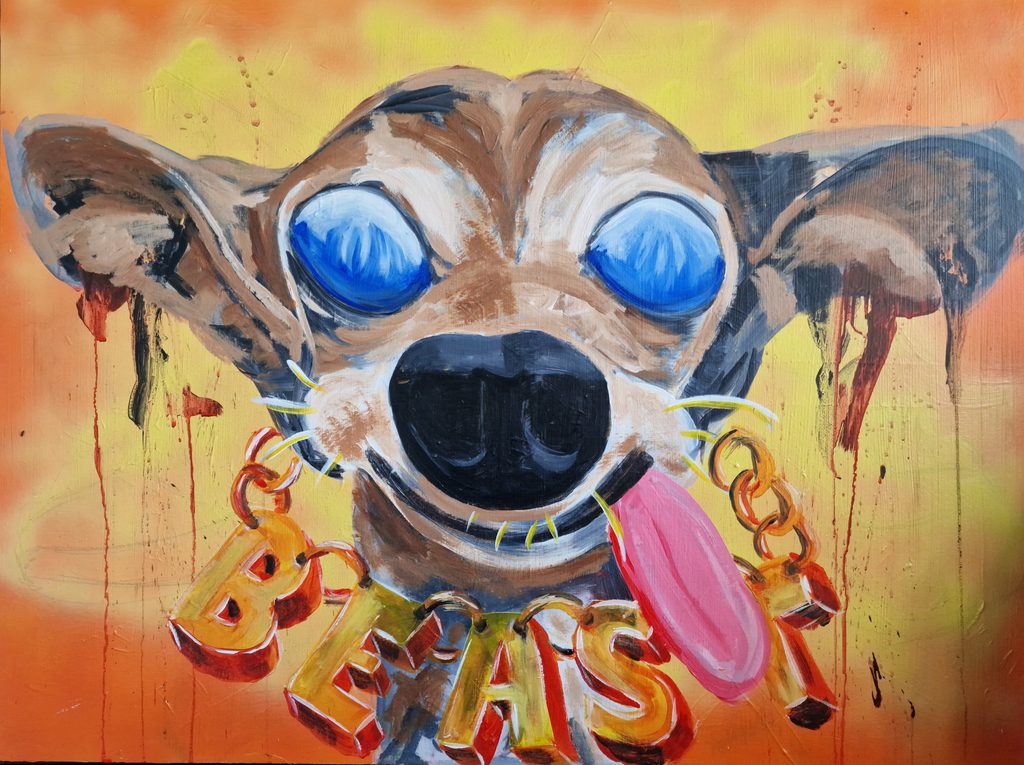 Small dog named Beast - with gold chain and funny eyes - acrylic painting by Jesper Hansen
