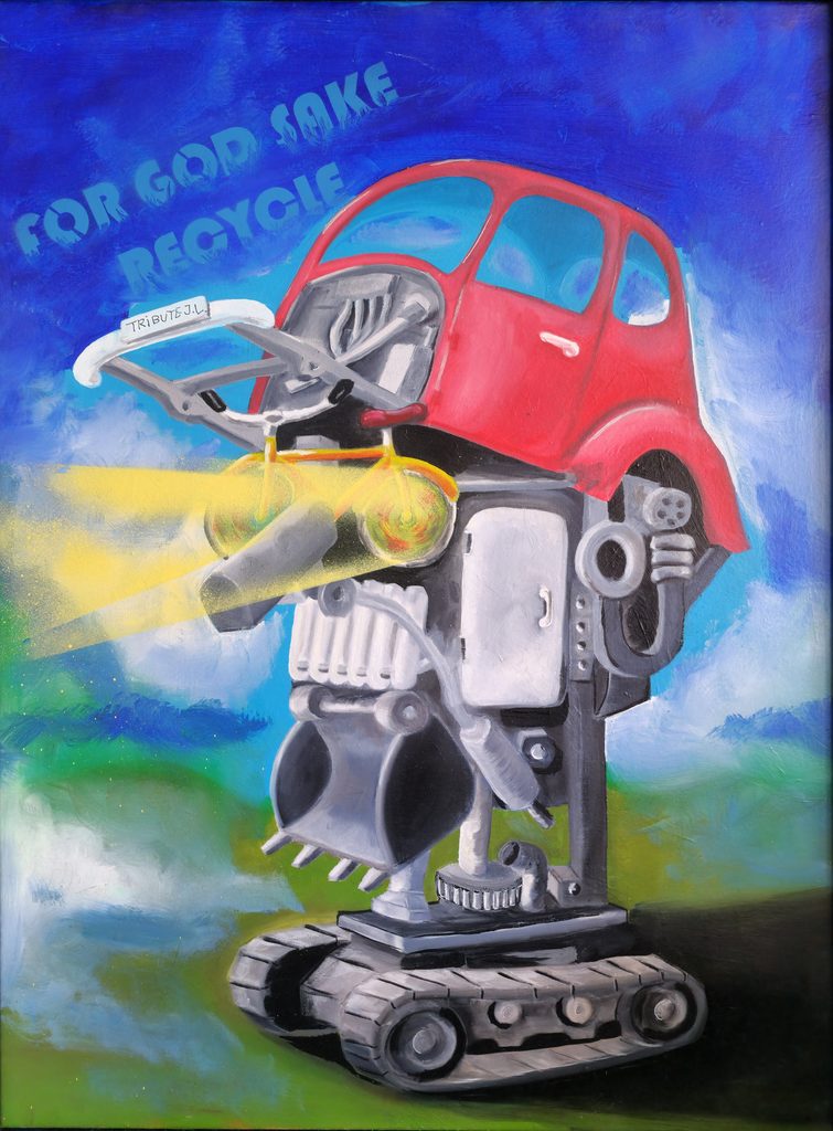 Tribute to Swedish cartoonist Jan Lööf - vw bobble car and other scrapped things - comes together in a robot