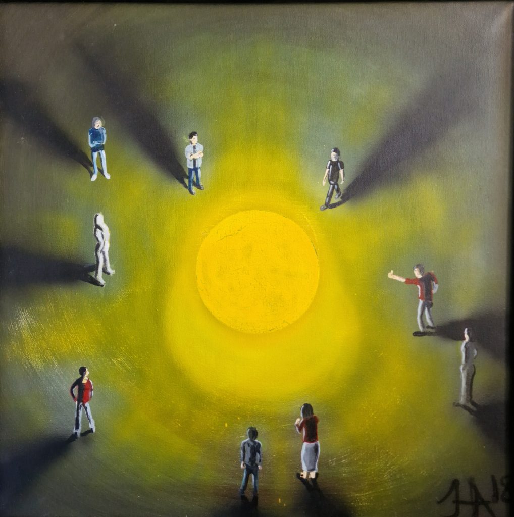 The sun in the middle - people comming close - painting by Jesper Hansen