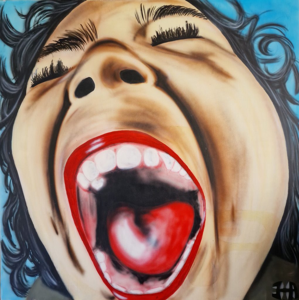 Screaming young girl - closed eyes - close up - painting by Jesper Hansen