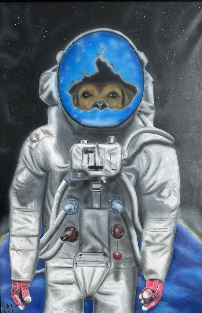 Dog in space suit - in space - a planet behind the dog