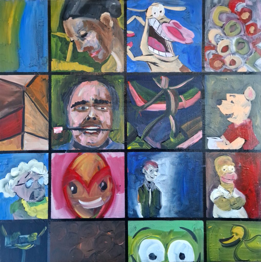 Several tiles on a canvas - with different figures og colors