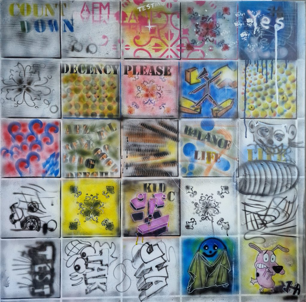 Tiles on canvas, painted with airbrush, different figures and what not displayed