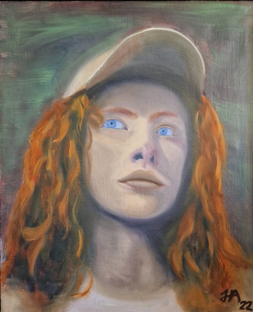 painting by Jesper Hansen - womans face - with bright red hair