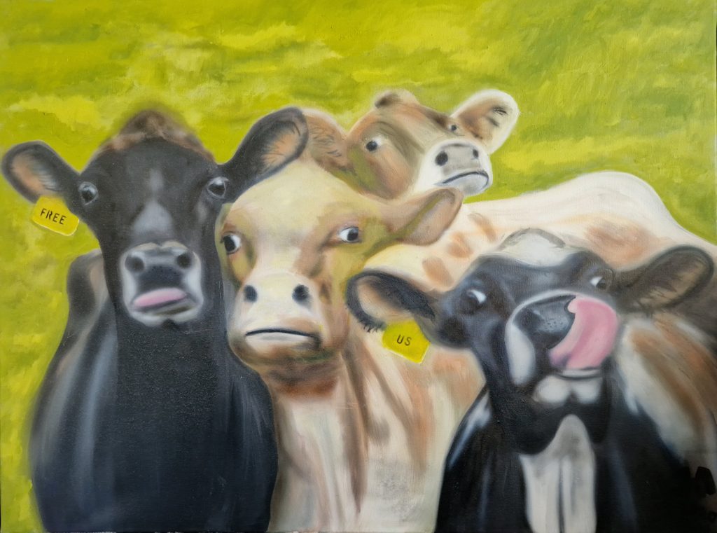Cows on a field, starring at you, oil painting by Jesper Hansen